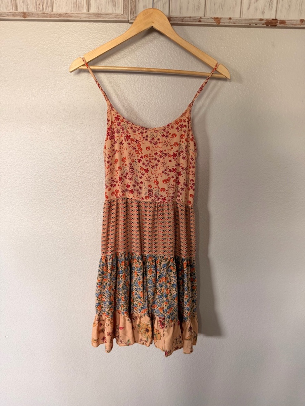 Peach Floral Tiered Spaghetti-Strap Mini Dress